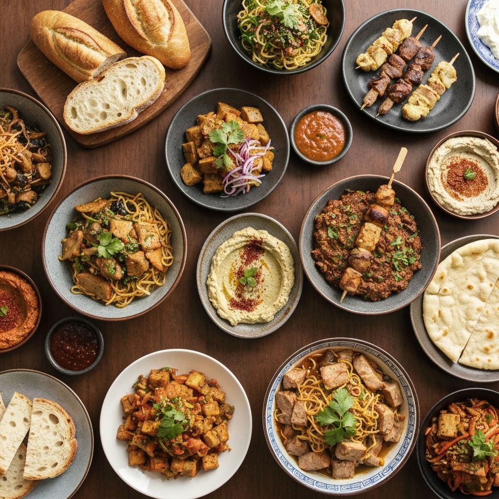 Diverse cultural food spread representing different cuisine traditions