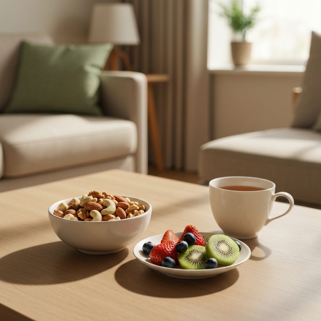 Casual snack arrangement on coffee table representing between-meal eating patterns