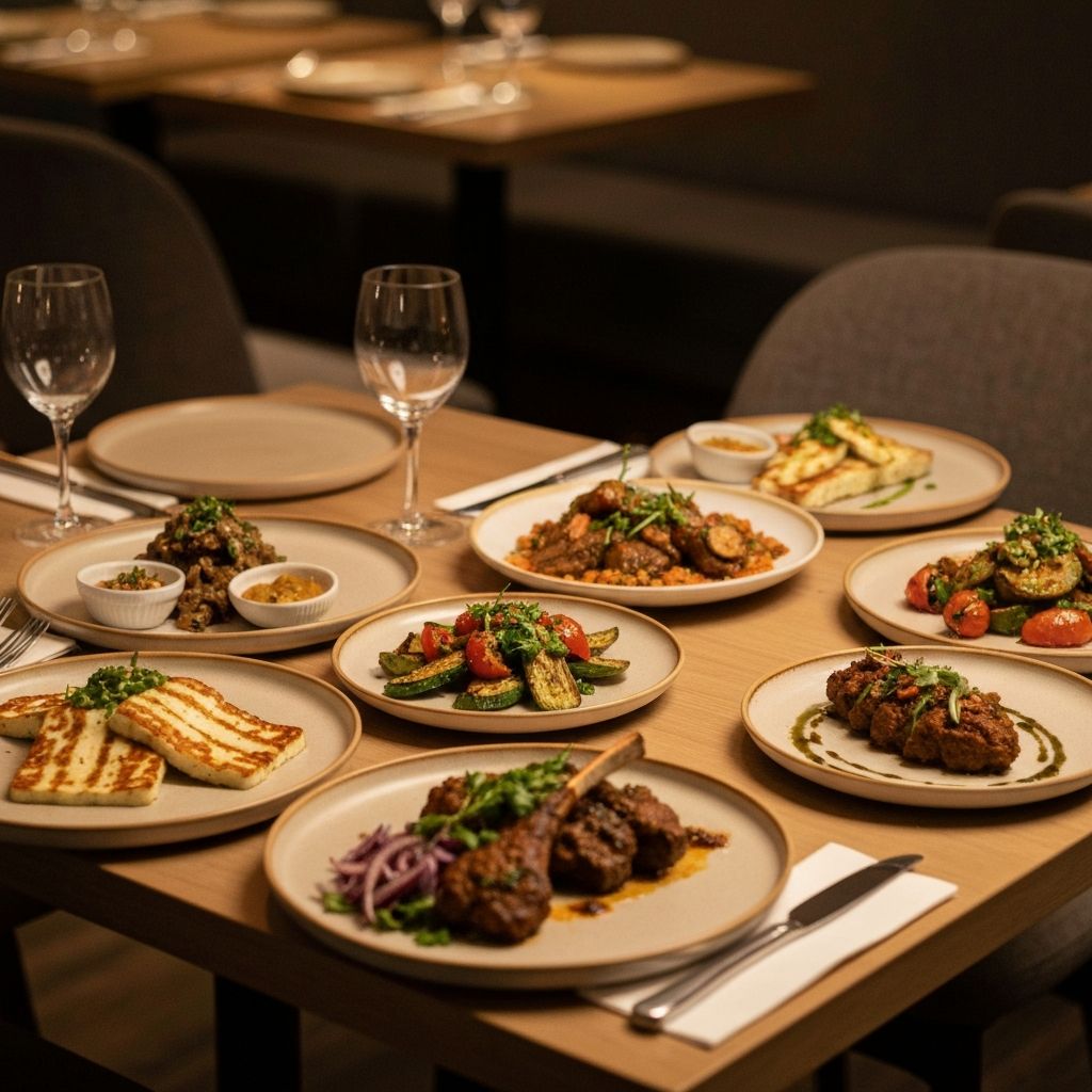 Restaurant table with shared dishes representing social dining contexts
