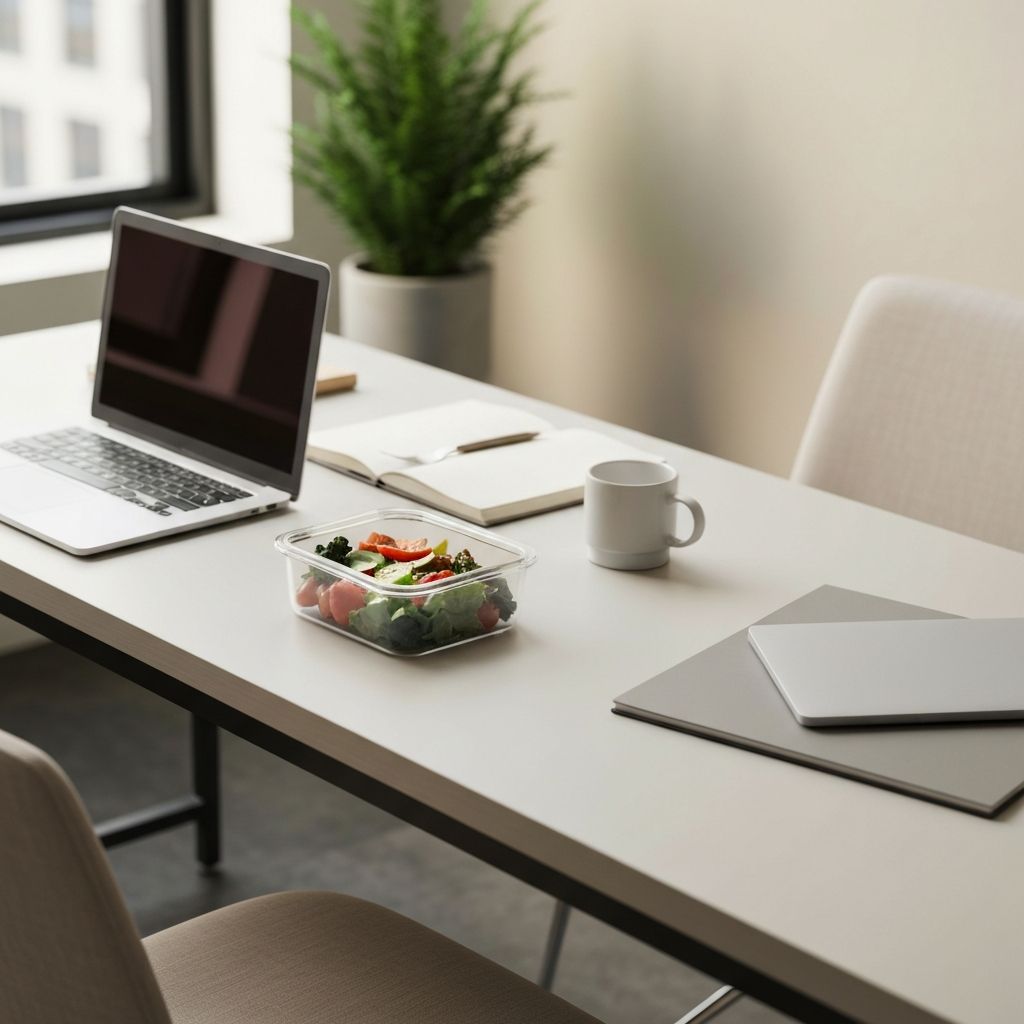 Office workspace with healthy lunch representing work environment eating patterns